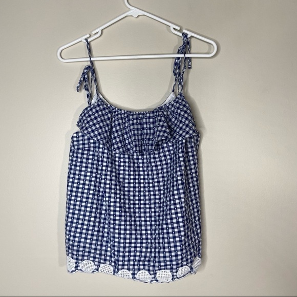 J Crew Blue White Gingham Plaid Ruffle Eyelet Tie Shoulder Top Blouse Size 12 - Picture 2 of 10
